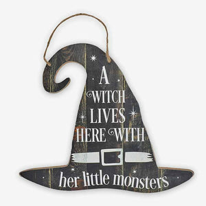 The Fashion Gift Shop: A Witch Lives Here With Her Little Monsters Hanging Sign by Spirit of equinox, Halloween Sign