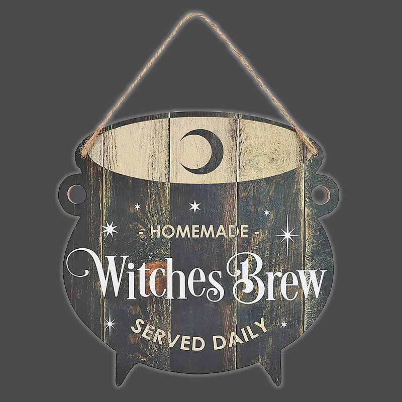 Cauldron Homemade Witches Brew Served Daily Hanging Sign - Halloween Sign by Spirit of equinox