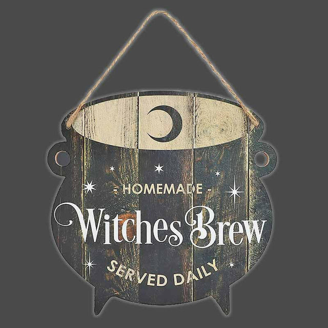 The Fashion Gift Shop: Cauldron Homemade Witches Brew Served Daily Hanging Sign by Spirit of equinox, Halloween Sign