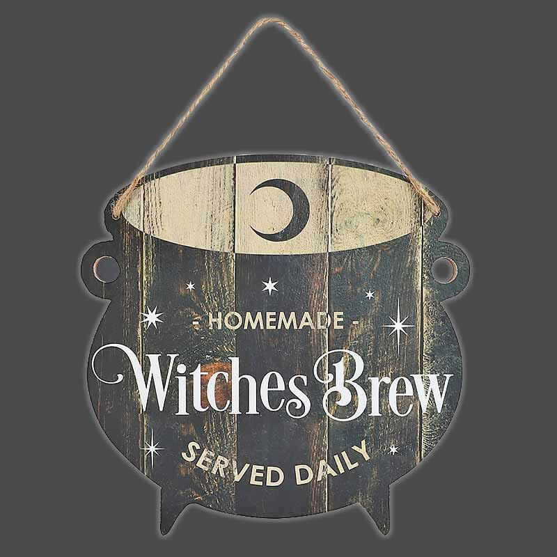 The Fashion Gift Shop: Cauldron Homemade Witches Brew Served Daily Hanging Sign by Spirit of equinox, Halloween Sign