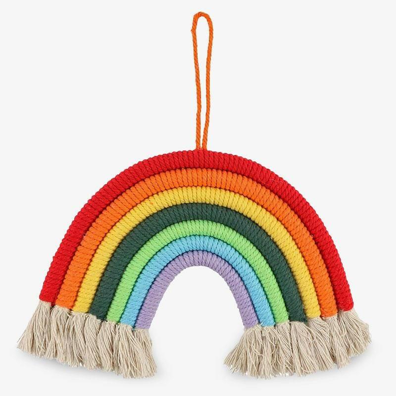 Hanging rainbow room decoration, knitted multicolor arch with hanging loop and tassel fringe