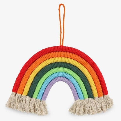 Hanging rainbow room decoration, knitted multicolor arch with hanging loop and tassel fringe