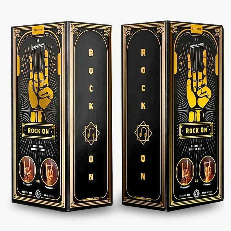 Rock On headphone stand gift boxes set with black and gold design