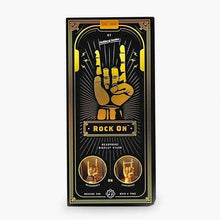 Rock On headphone stand gift box with black and gold packaging