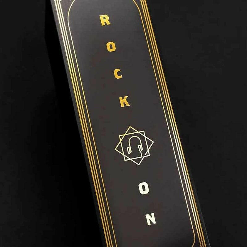 Rock On headphone stand gift box side with ROCK ON letters and headphone icon