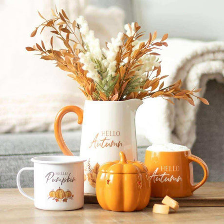 The Fashion Gift Shop: Hello Pumpkin Illustration Enamel Autumn Mug by Jones Home & Gifts, Mugs and Cups