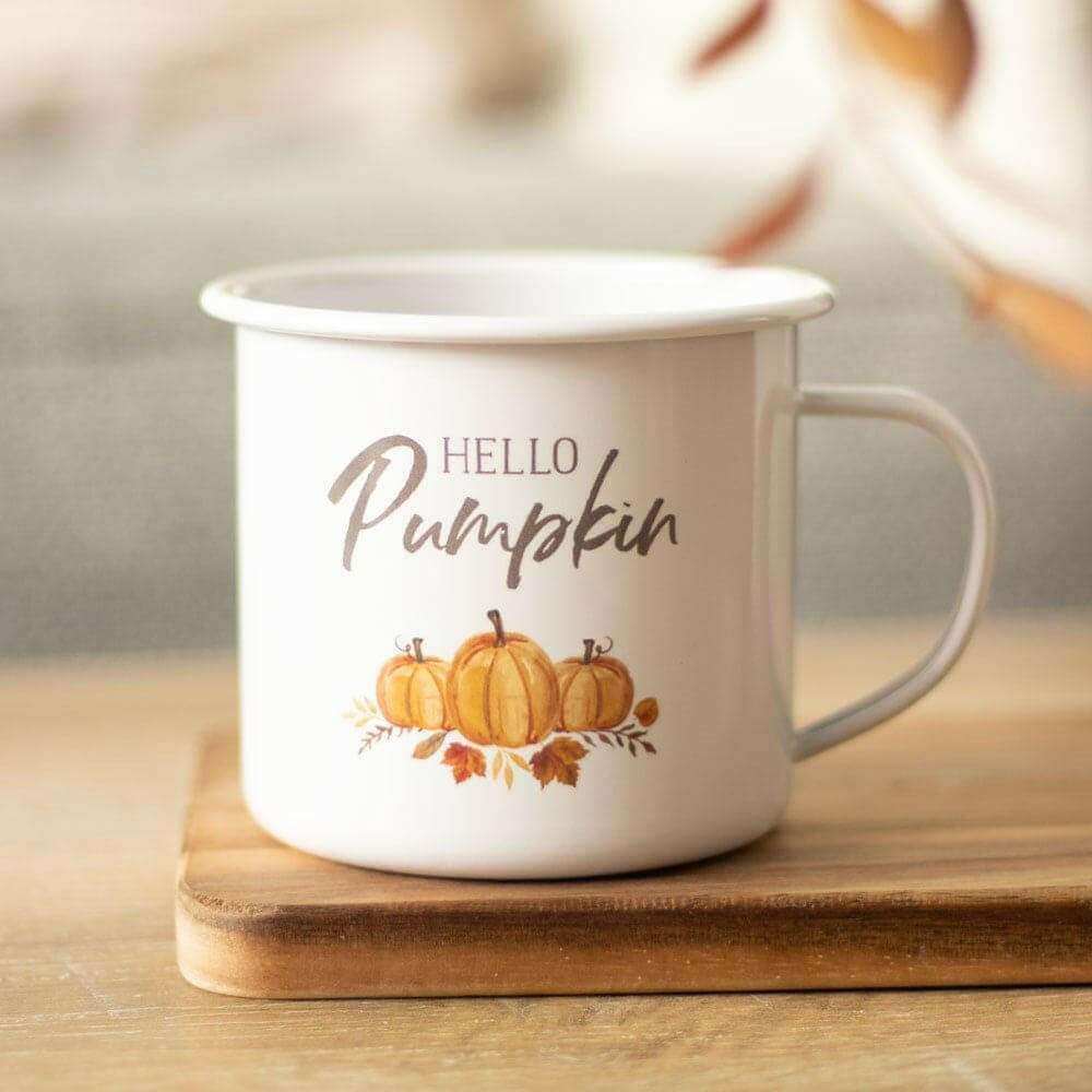 The Fashion Gift Shop: Hello Pumpkin Illustration Enamel Autumn Mug by Jones Home & Gifts, Mugs and Cups