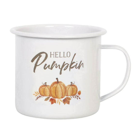 The Fashion Gift Shop: Hello Pumpkin Illustration Enamel Autumn Mug by Jones Home & Gifts, Mugs and Cups