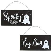 Halloween ghost hanging sign set: Spooky Season with ghost face, white text on dark