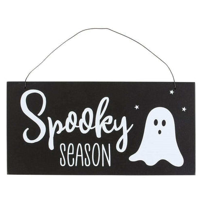 Halloween ghost hanging sign: Spooky Season with ghost face and stars, white text on dark