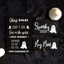 Halloween ghost hanging sign set of 2, showing Spooky Season and Hey Boo text