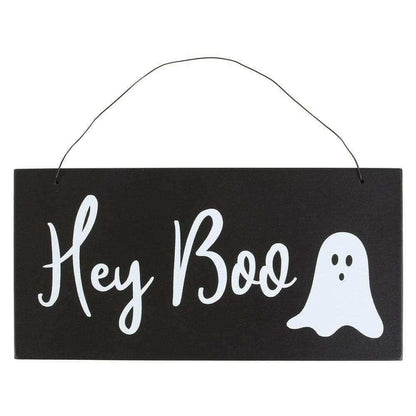 Halloween ghost hanging sign: Hey Boo with ghost face, white lettering on dark board