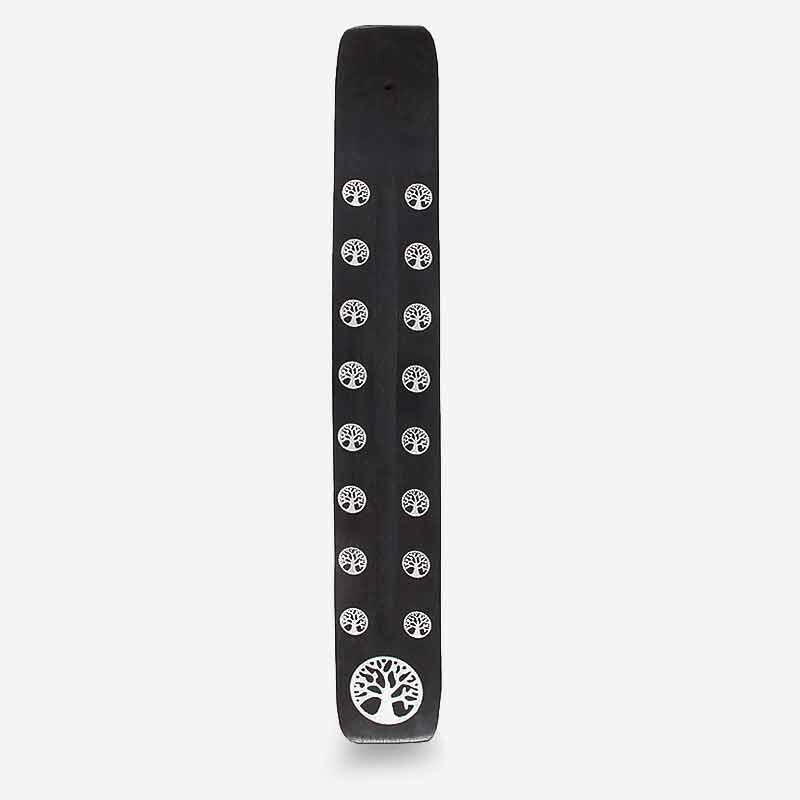 Black wooden incense stick holder with repeating circle tree-of-life symbols