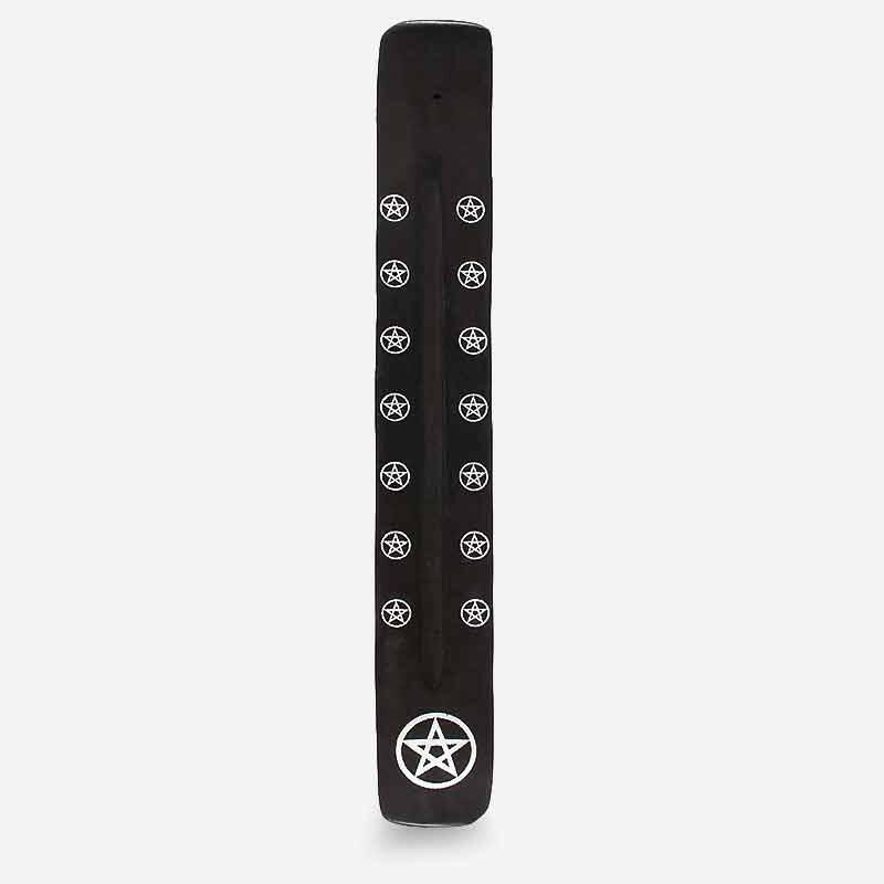 Black wooden incense stick holder with repeating pentagram star symbols