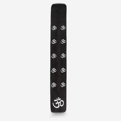 Black wooden incense stick holder with repeating Om symbols