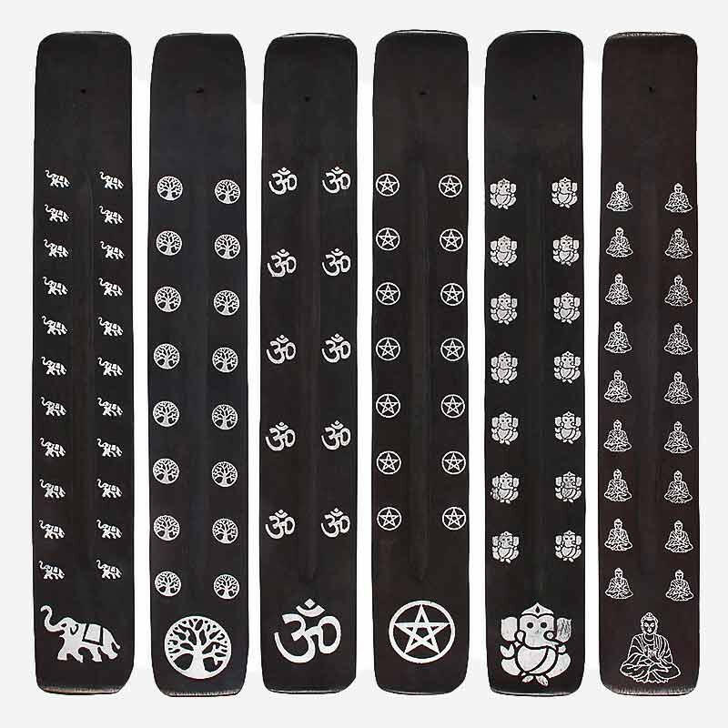 Black wooden incense stick holder set showing multiple designs on long panels