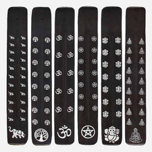 Black wooden incense stick holder set showing multiple designs on long panels