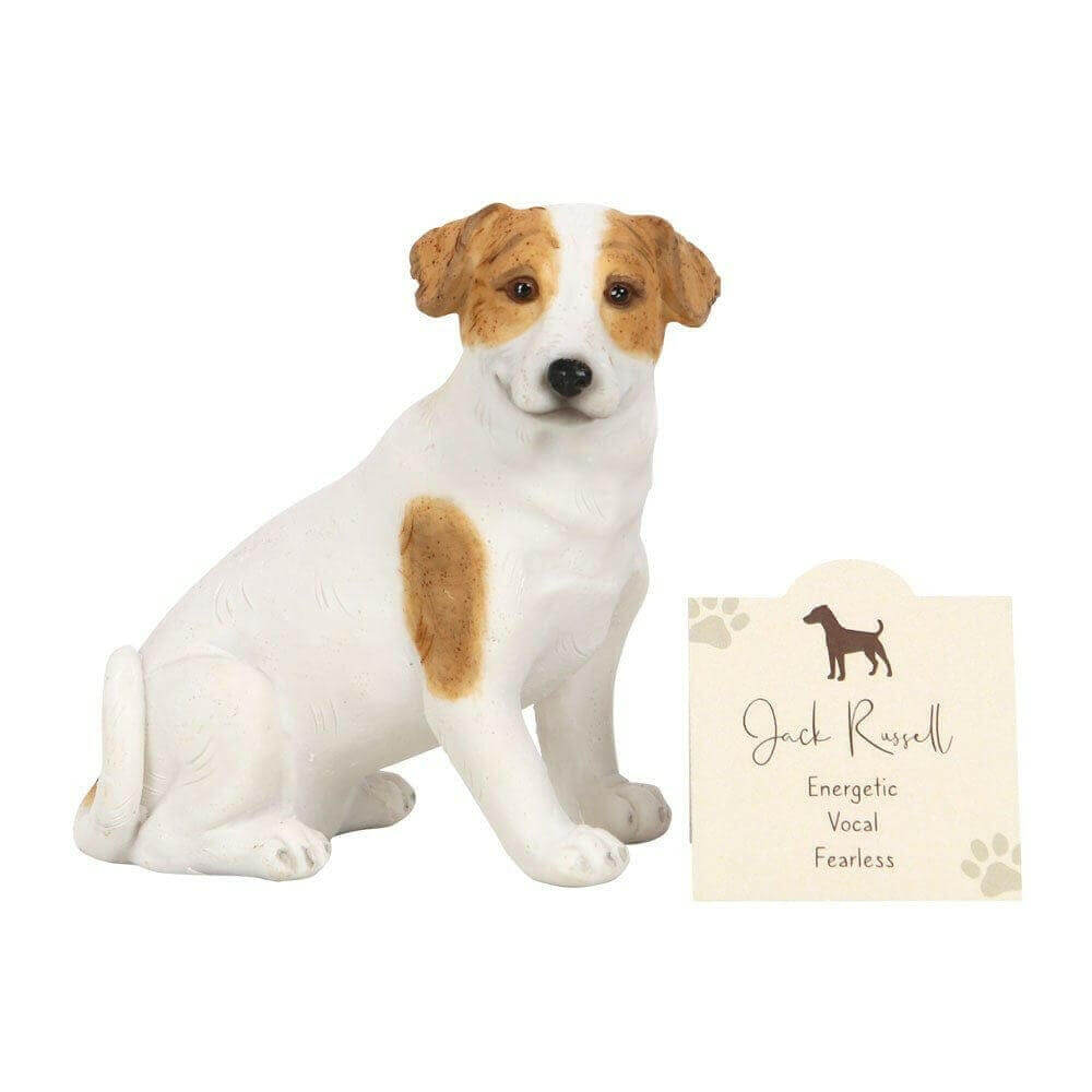 Jack Russell Terrier dog ornament with sentiment card beside it