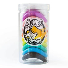 Crayon jar labeled Jumbo Grip Crayons holding purple, yellow, teal, and blue crayons.