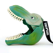 Green T-rex lunch box with open mouth, black carry strap and handle