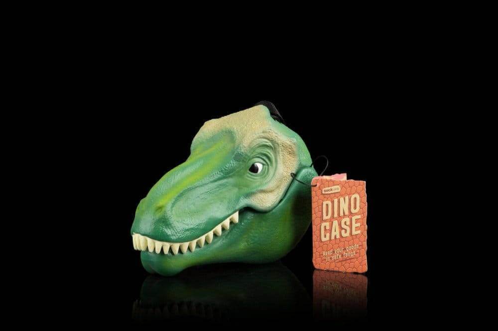 Green T-rex lunch box with black carry strap and small orange hang tag