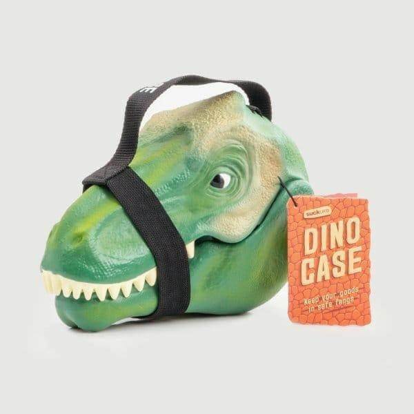 Green T-rex lunch box with black carry strap and small orange hang tag