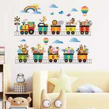 Kids animal train wall stickers set with numbered cars, animals, rainbow, and clouds