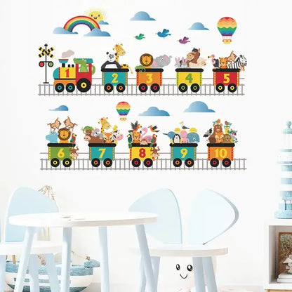 Two-row animal train wall stickers with numbered cars, animals, clouds, and rainbow