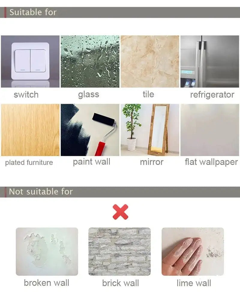 Wall sticker application guide showing suitable and unsuitable mounting surfaces