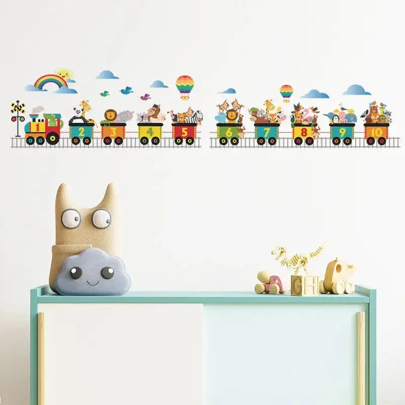 Animal train wall stickers with numbered cars and cute animal characters over tracks