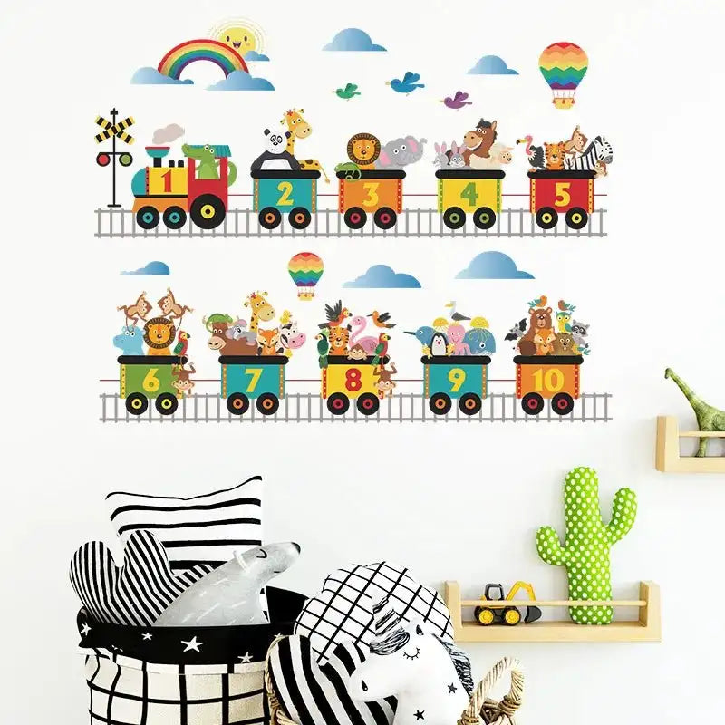 Animal train wall stickers with numbered cars, animals, clouds, and rainbow accents