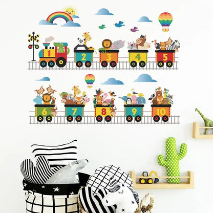 Animal train wall stickers with numbered cars, animals, clouds, and rainbow accents