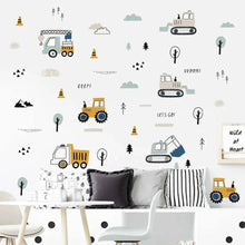 Construction vehicle wall decals with tractors and clouds covering bedroom wall