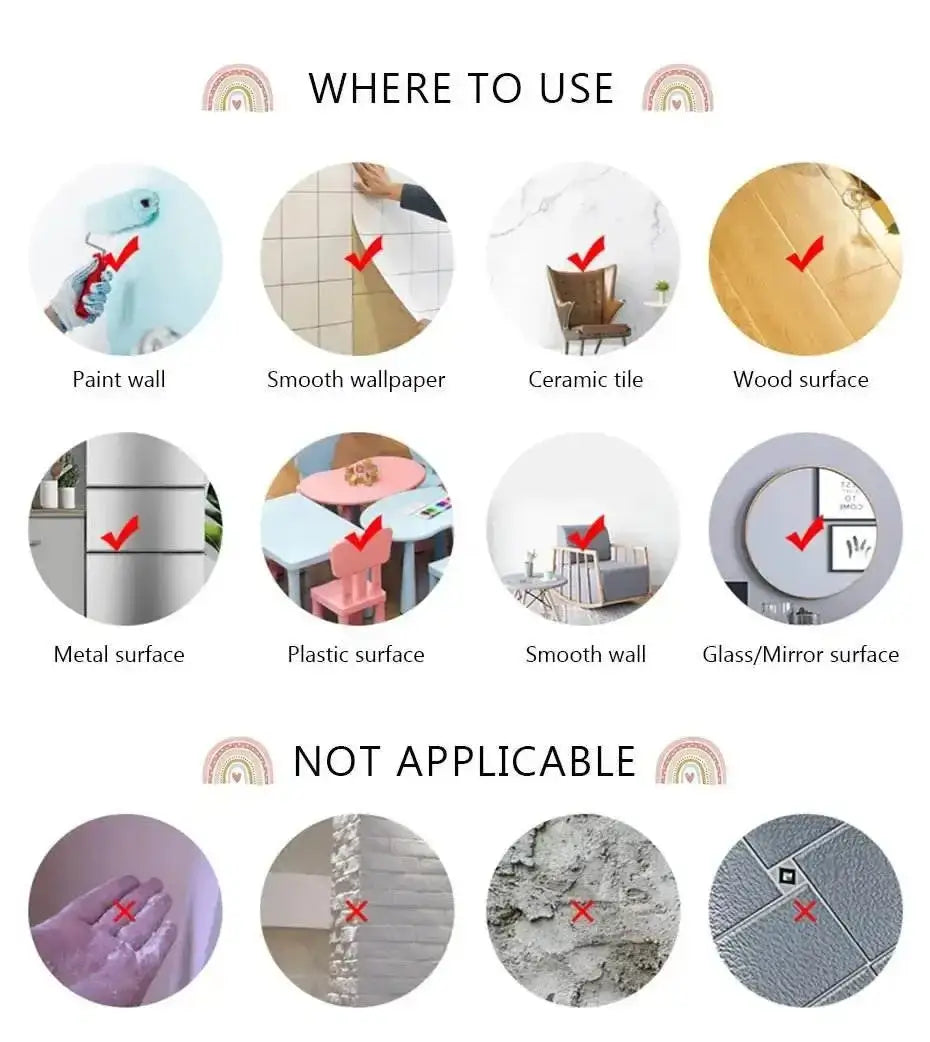 Wall decal application chart for tractor stickers, showing suitable and not suitable surfaces
