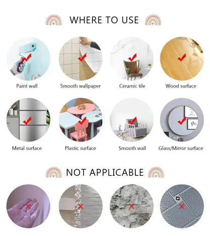 Wall decal application chart for tractor stickers, showing suitable and not suitable surfaces