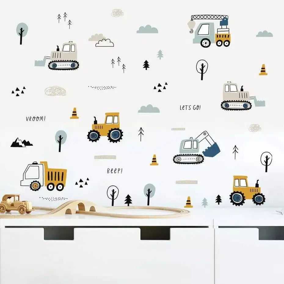 Kids construction tractor wall sticker set with trucks, trees, cones, clouds on sheet
