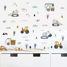 Kids construction tractor wall sticker set with trucks, trees, cones, clouds on sheet