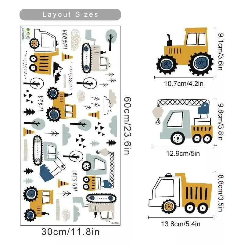 Tractor construction wall sticker size chart with vehicle dimensions in cm and inches