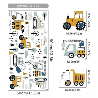 Tractor construction wall sticker size chart with vehicle dimensions in cm and inches