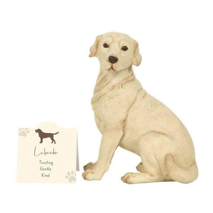 Beige Labrador dog ornament figurine with sentiment card beside it