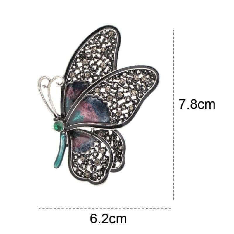 Butterfly rhinestone brooch pin, 6.2cm x 7.8cm, dark wings with teal enamel and gem