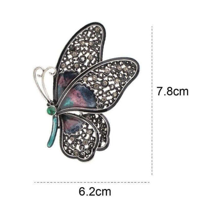 Butterfly rhinestone brooch pin, 6.2cm x 7.8cm, dark wings with teal enamel and gem