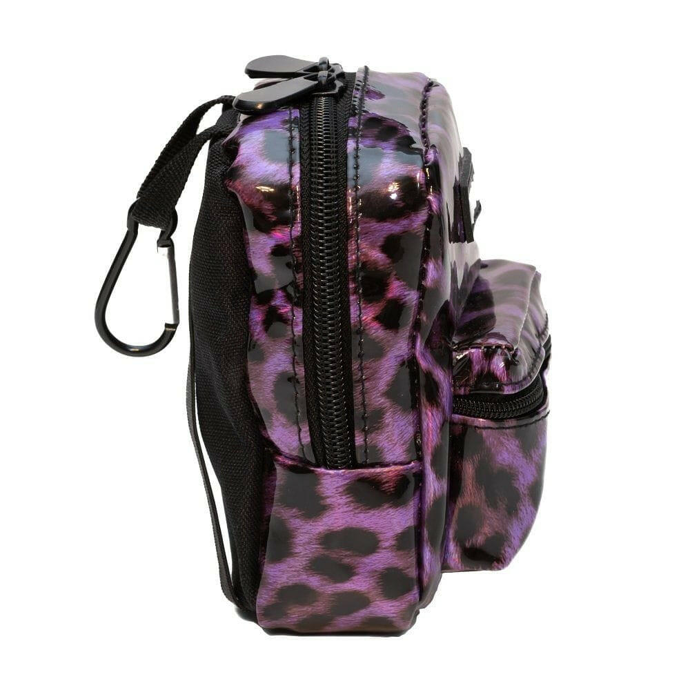 Leopard-print mini backpack with adjustable strap, side pocket, and black front zipper