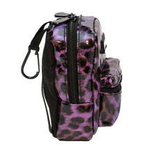 Leopard-print mini backpack with adjustable strap, side pocket, and black front zipper