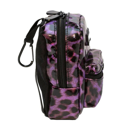 Leopard-print mini backpack with adjustable strap, side pocket, and black front zipper