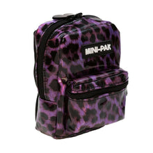Purple and black leopard-print mini backpack with front zip pocket and top handle loop