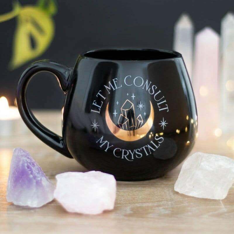 The Fashion Gift Shop: Let Me Consult My Crystals Rounded Mug Gold Crescent Moon by Jones Home & Gifts, Mugs and Cups