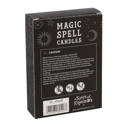 Magic spell candles box back with caution label, barcode, and website info