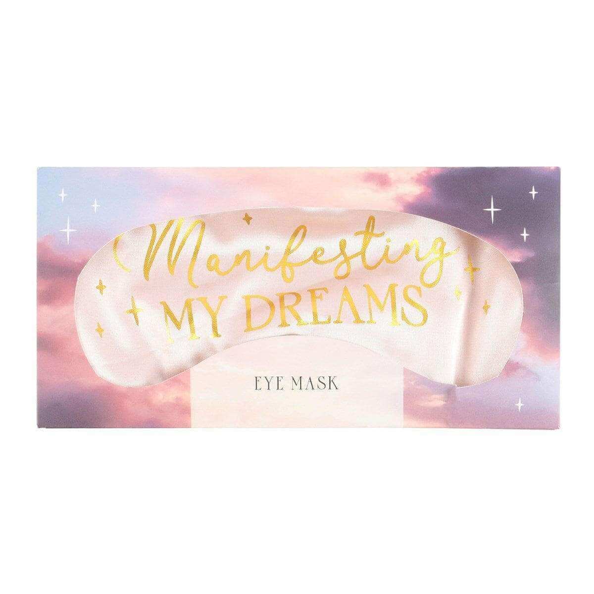 Satin eye mask gift box with “Manifesting My Dreams” gold text on pastel artwork