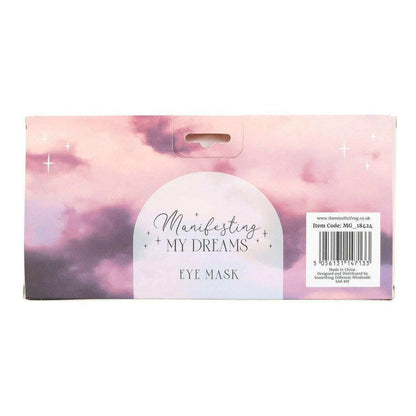 Satin eye mask retail box back with barcode and “Manifesting My Dreams” label